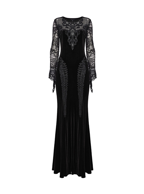 Gorgeous Black Stretch Velvet Splicing Slightly Transparent Flower Net Front Center Three Dimensional Gem Lace Gothic Style Lace Long Sleeved Dress