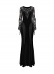 Gorgeous Black Stretch Velvet Splicing Slightly Transparent Flower Net Front Center Three Dimensional Gem Lace Gothic Style Lace Long Sleeved Dress