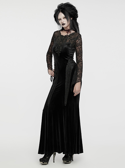 Gorgeous Black Stretch Velvet Splicing Slightly Transparent Flower Net Front Center Three Dimensional Gem Lace Gothic Style Lace Long Sleeved Dress