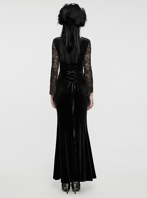 Gorgeous Black Stretch Velvet Splicing Slightly Transparent Flower Net Front Center Three Dimensional Gem Lace Gothic Style Lace Long Sleeved Dress