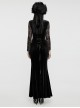 Gorgeous Black Stretch Velvet Splicing Slightly Transparent Flower Net Front Center Three Dimensional Gem Lace Gothic Style Lace Long Sleeved Dress