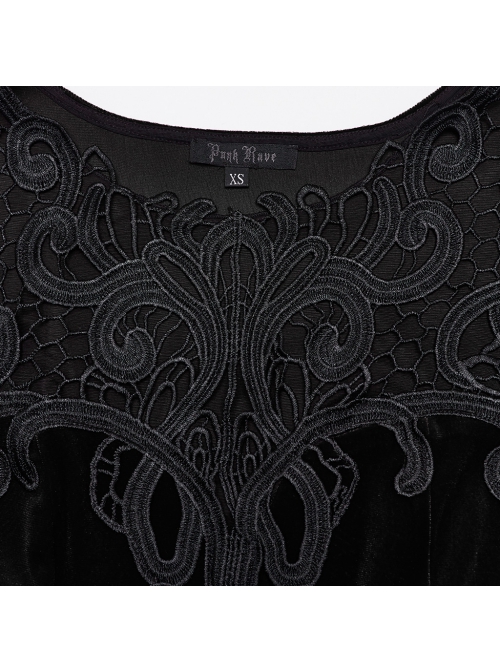 Gorgeous Black Stretch Velvet Splicing Slightly Transparent Flower Net Front Center Three Dimensional Gem Lace Gothic Style Lace Long Sleeved Dress