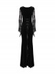 Gorgeous Black Stretch Velvet Splicing Slightly Transparent Flower Net Front Center Three Dimensional Gem Lace Gothic Style Lace Long Sleeved Dress