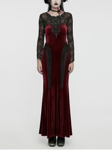 Gorgeous Black Red Stretch Velvet Splicing Slightly Transparent Flower Net Front Center Three Dimensional Gem Lace Gothic Style Lace Long Sleeved Dress