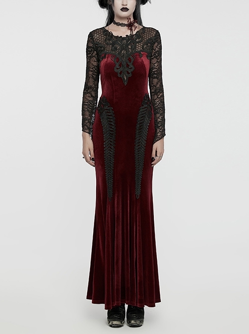 Gorgeous Black Red Stretch Velvet Splicing Slightly Transparent Flower Net Front Center Three Dimensional Gem Lace Gothic Style Lace Long Sleeved Dress