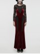 Gorgeous Black Red Stretch Velvet Splicing Slightly Transparent Flower Net Front Center Three Dimensional Gem Lace Gothic Style Lace Long Sleeved Dress