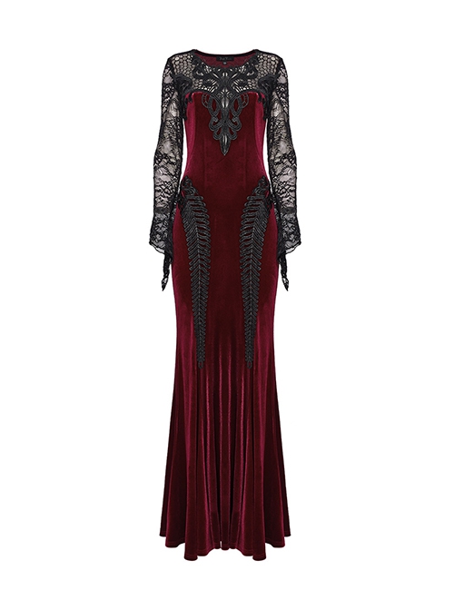Gorgeous Black Red Stretch Velvet Splicing Slightly Transparent Flower Net Front Center Three Dimensional Gem Lace Gothic Style Lace Long Sleeved Dress