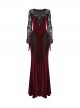 Gorgeous Black Red Stretch Velvet Splicing Slightly Transparent Flower Net Front Center Three Dimensional Gem Lace Gothic Style Lace Long Sleeved Dress