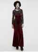 Gorgeous Black Red Stretch Velvet Splicing Slightly Transparent Flower Net Front Center Three Dimensional Gem Lace Gothic Style Lace Long Sleeved Dress
