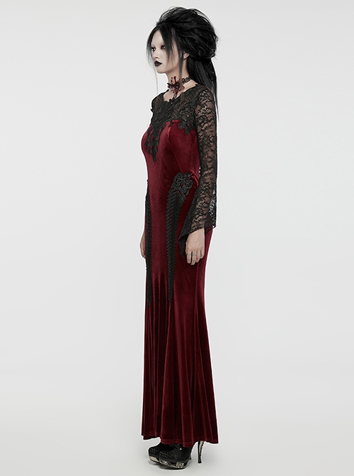 Gorgeous Black Red Stretch Velvet Splicing Slightly Transparent Flower Net Front Center Three Dimensional Gem Lace Gothic Style Lace Long Sleeved Dress