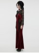 Gorgeous Black Red Stretch Velvet Splicing Slightly Transparent Flower Net Front Center Three Dimensional Gem Lace Gothic Style Lace Long Sleeved Dress
