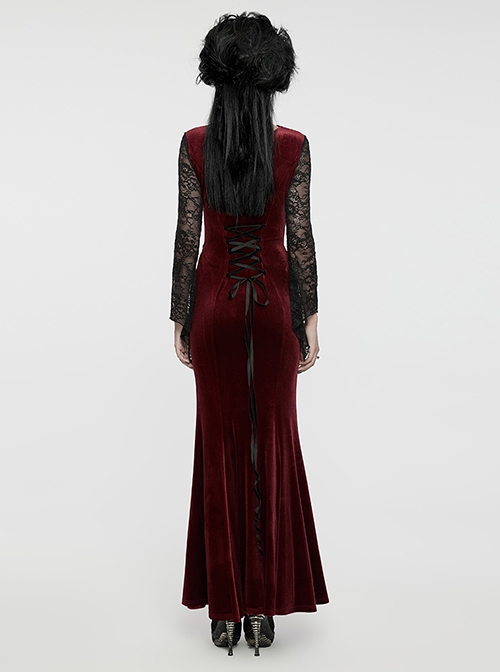 Gorgeous Black Red Stretch Velvet Splicing Slightly Transparent Flower Net Front Center Three Dimensional Gem Lace Gothic Style Lace Long Sleeved Dress