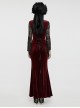 Gorgeous Black Red Stretch Velvet Splicing Slightly Transparent Flower Net Front Center Three Dimensional Gem Lace Gothic Style Lace Long Sleeved Dress