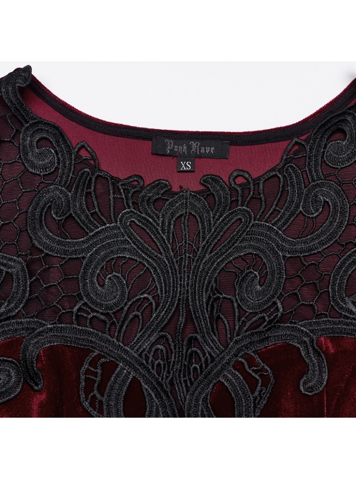 Gorgeous Black Red Stretch Velvet Splicing Slightly Transparent Flower Net Front Center Three Dimensional Gem Lace Gothic Style Lace Long Sleeved Dress