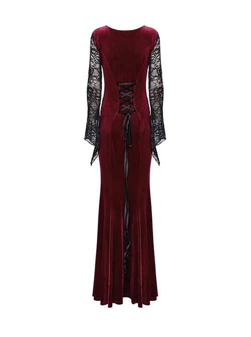 Gorgeous Black Red Stretch Velvet Splicing Slightly Transparent Flower Net Front Center Three Dimensional Gem Lace Gothic Style Lace Long Sleeved Dress