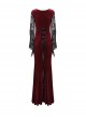 Gorgeous Black Red Stretch Velvet Splicing Slightly Transparent Flower Net Front Center Three Dimensional Gem Lace Gothic Style Lace Long Sleeved Dress