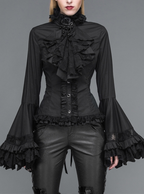 Big Flared Long Sleeves Chest Lace Frilly Back Lace-Up Black Gothic Blouse
