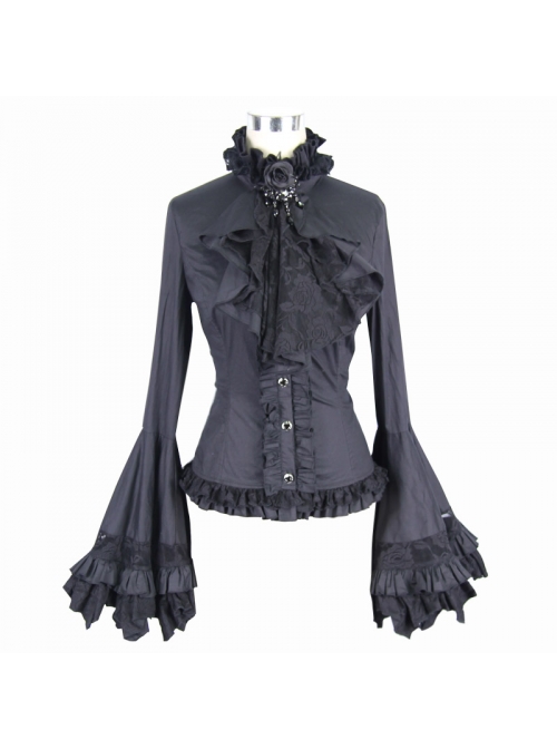 Big Flared Long Sleeves Chest Lace Frilly Back Lace-Up Black Gothic Blouse
