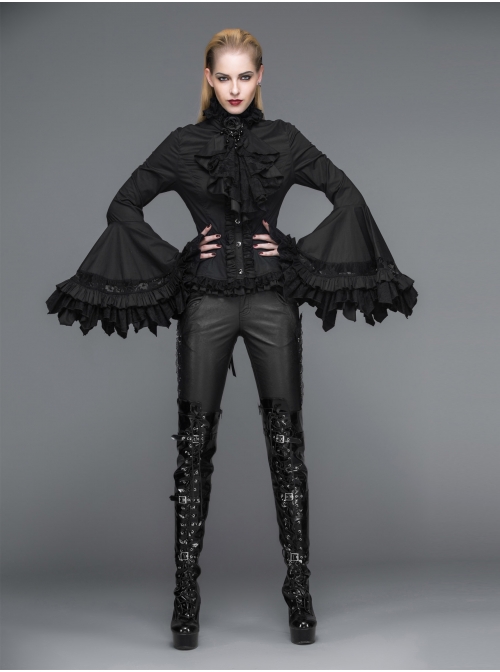 Big Flared Long Sleeves Chest Lace Frilly Back Lace-Up Black Gothic Blouse