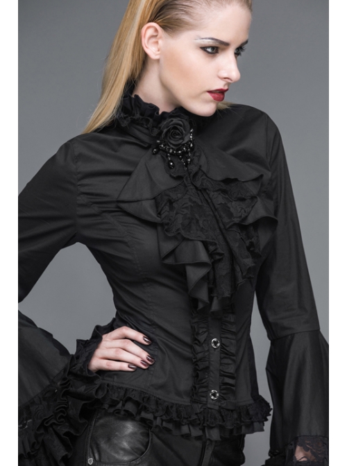 Big Flared Long Sleeves Chest Lace Frilly Back Lace-Up Black Gothic Blouse
