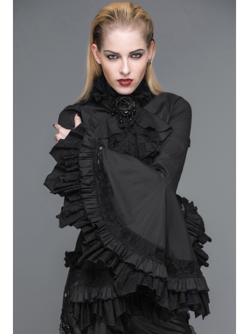Big Flared Long Sleeves Chest Lace Frilly Back Lace-Up Black Gothic Blouse