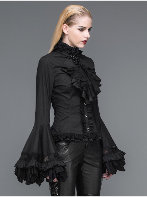 Big Flared Long Sleeves Chest Lace Frilly Back Lace-Up Black Gothic Blouse