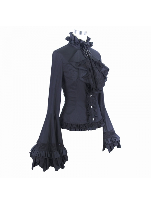 Big Flared Long Sleeves Chest Lace Frilly Back Lace-Up Black Gothic Blouse