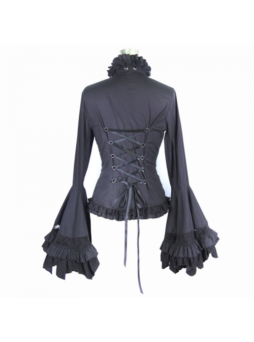 Big Flared Long Sleeves Chest Lace Frilly Back Lace-Up Black Gothic ...
