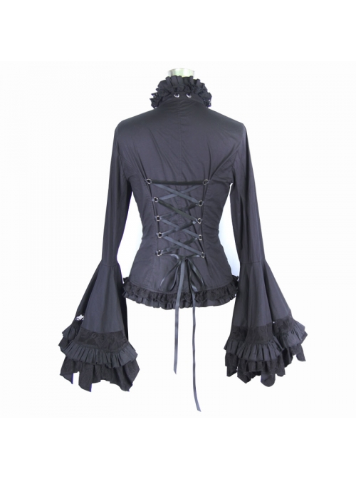 Big Flared Long Sleeves Chest Lace Frilly Back Lace-Up Black Gothic Blouse