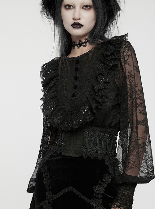 Black Suede Fabric Lace Mesh 3D Appliques Half Circle Rivets In The Middle Of The Front Gothic Style Hollow Corset