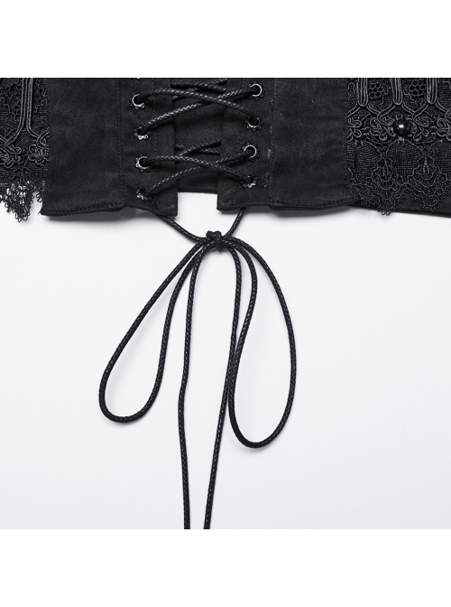 Black Suede Fabric Lace Mesh 3D Appliques Half Circle Rivets In The Middle Of The Front Gothic Style Hollow Corset