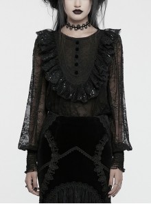 Lightweight Stretch Black Lace With Micro Transparent Mesh Front Three Dimensional U Shaped Patch With Pleated Lace Gothic Style Lantern Sleeve Shirt