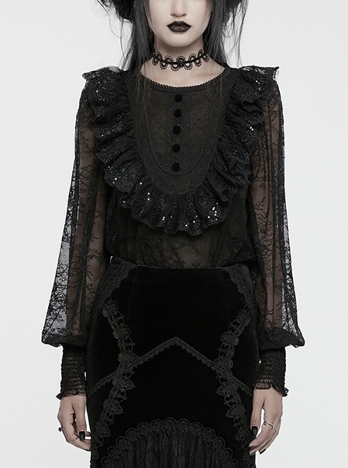Lightweight Stretch Black Lace With Micro Transparent Mesh Front Three Dimensional U Shaped Patch With Pleated Lace Gothic Style Lantern Sleeve Shirt