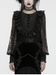 Lightweight Stretch Black Lace With Micro Transparent Mesh Front Three Dimensional U Shaped Patch With Pleated Lace Gothic Style Lantern Sleeve Shirt