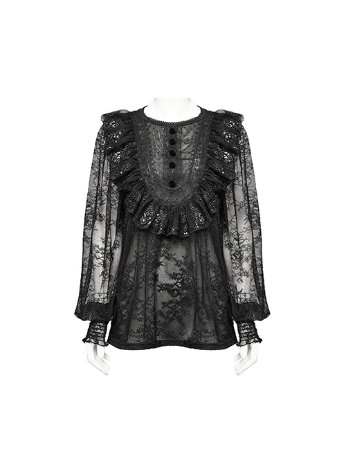 Lightweight Stretch Black Lace With Micro Transparent Mesh Front Three Dimensional U Shaped Patch With Pleated Lace Gothic Style Lantern Sleeve Shirt