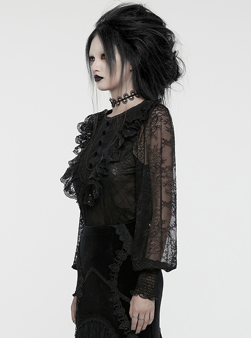 Lightweight Stretch Black Lace With Micro Transparent Mesh Front Three Dimensional U Shaped Patch With Pleated Lace Gothic Style Lantern Sleeve Shirt