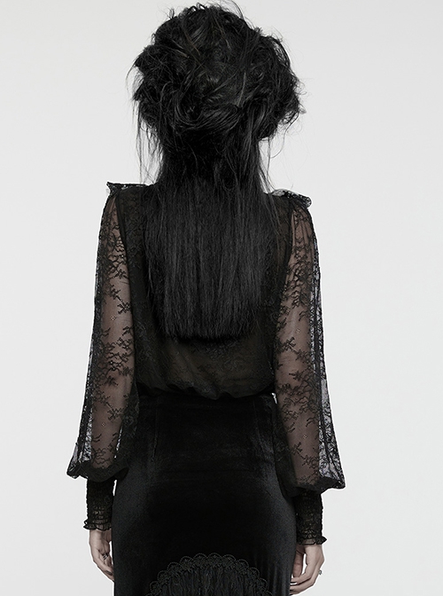 Lightweight Stretch Black Lace With Micro Transparent Mesh Front Three Dimensional U Shaped Patch With Pleated Lace Gothic Style Lantern Sleeve Shirt