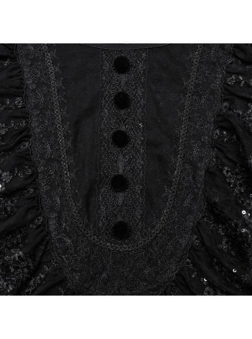 Lightweight Stretch Black Lace With Micro Transparent Mesh Front Three Dimensional U Shaped Patch With Pleated Lace Gothic Style Lantern Sleeve Shirt