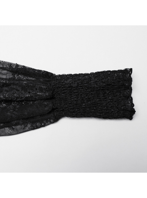 Lightweight Stretch Black Lace With Micro Transparent Mesh Front Three Dimensional U Shaped Patch With Pleated Lace Gothic Style Lantern Sleeve Shirt