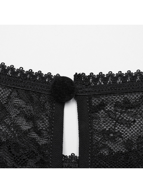 Lightweight Stretch Black Lace With Micro Transparent Mesh Front Three Dimensional U Shaped Patch With Pleated Lace Gothic Style Lantern Sleeve Shirt