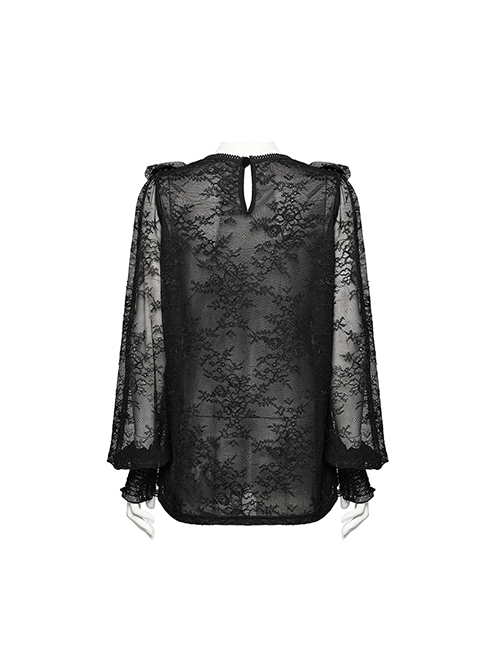 Lightweight Stretch Black Lace With Micro Transparent Mesh Front Three Dimensional U Shaped Patch With Pleated Lace Gothic Style Lantern Sleeve Shirt