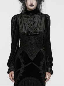 Black Vintage Stretch Velvet Front Center V Shaped Hem With Rose Button Gothic Style High Collar Pleated Flared Sleeve Shirt