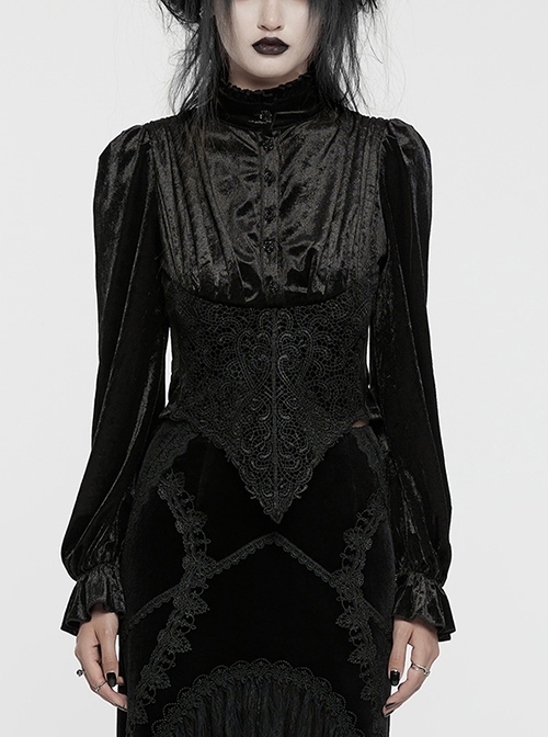 Black Vintage Stretch Velvet Front Center V Shaped Hem With Rose Button Gothic Style High Collar Pleated Flared Sleeve Shirt