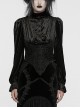 Black Vintage Stretch Velvet Front Center V Shaped Hem With Rose Button Gothic Style High Collar Pleated Flared Sleeve Shirt