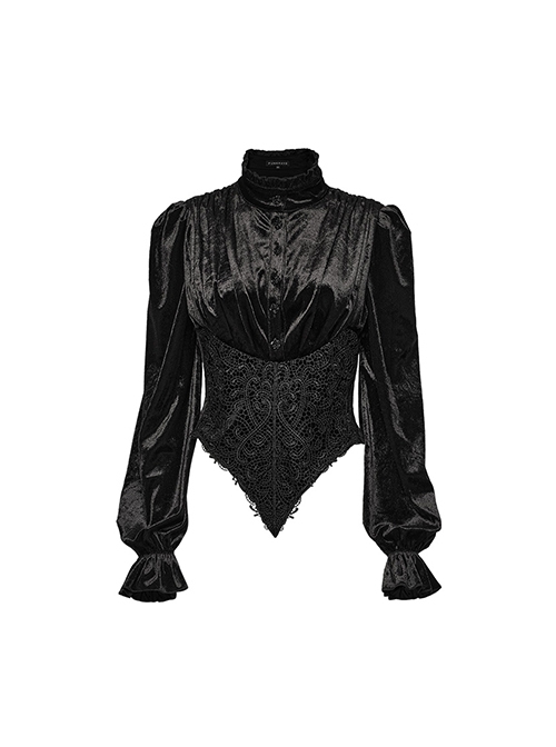 Black Vintage Stretch Velvet Front Center V Shaped Hem With Rose Button Gothic Style High Collar Pleated Flared Sleeve Shirt