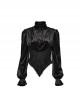 Black Vintage Stretch Velvet Front Center V Shaped Hem With Rose Button Gothic Style High Collar Pleated Flared Sleeve Shirt