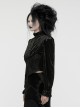 Black Vintage Stretch Velvet Front Center V Shaped Hem With Rose Button Gothic Style High Collar Pleated Flared Sleeve Shirt
