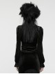 Black Vintage Stretch Velvet Front Center V Shaped Hem With Rose Button Gothic Style High Collar Pleated Flared Sleeve Shirt
