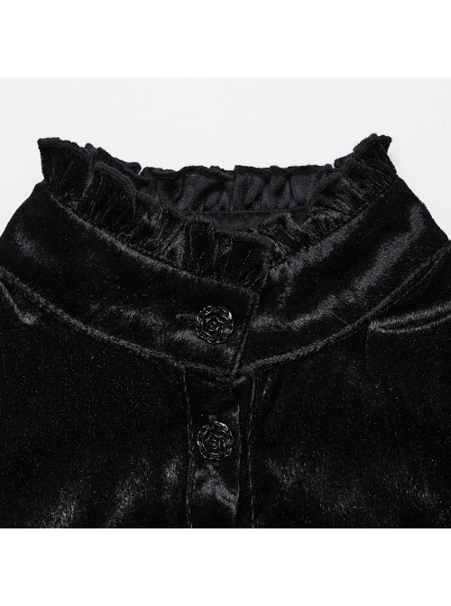 Black Vintage Stretch Velvet Front Center V Shaped Hem With Rose Button Gothic Style High Collar Pleated Flared Sleeve Shirt