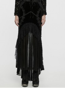 Elegant Half Circle Black Stretch Velvet Spliced Pleated Chiffon Side Zipper Design Gothic Style Fishtail Skirt